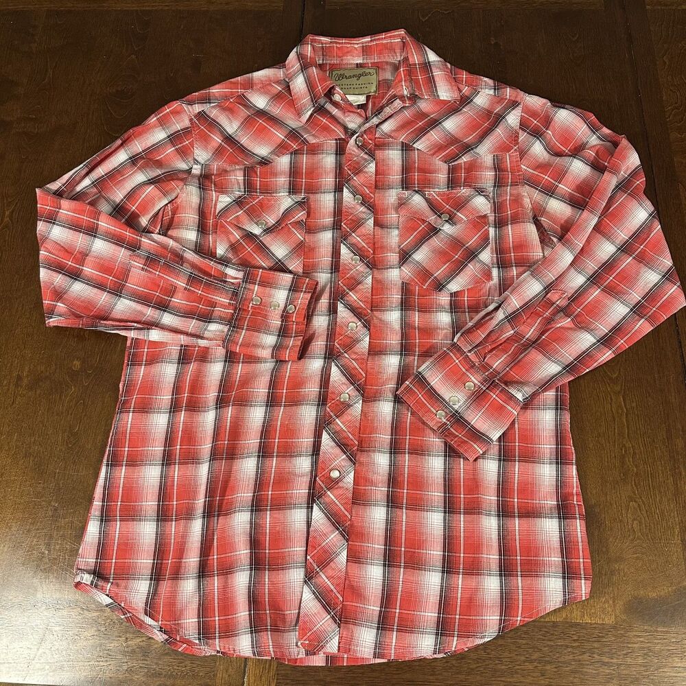 Wrangler Shirt Mens Med Red Plaid Check Short Sleeve Pearl Snap Western Rodeo*